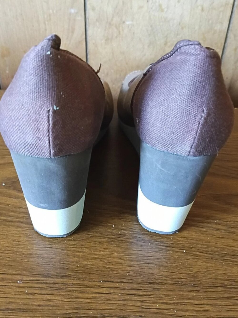 Teva Women's Wedge Peep Toe Shoes Size 7 Taupe Brown Canvas Slip-On - Picture 5 of 7
